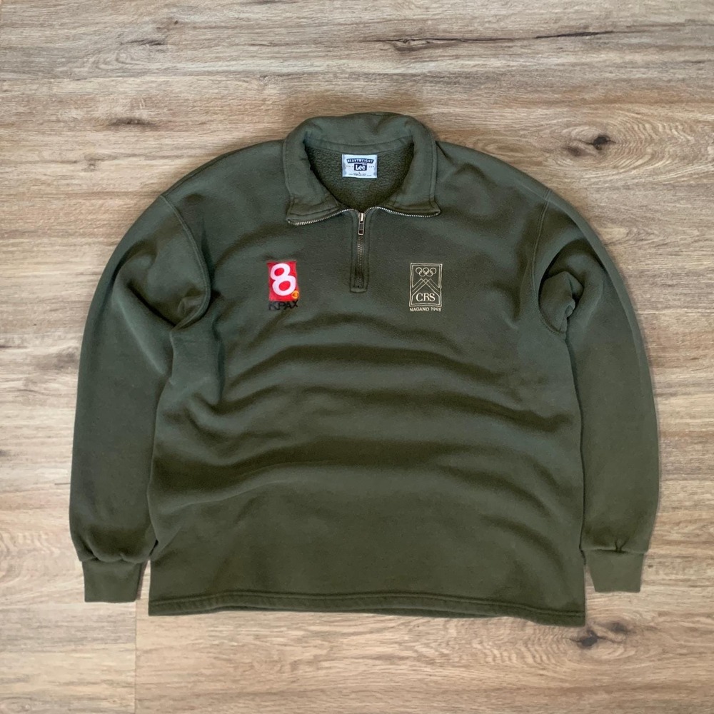 Vintage 1998 Olympics CBS Quarter Zip Pullover Sweatshirt in Green - Size L Mens